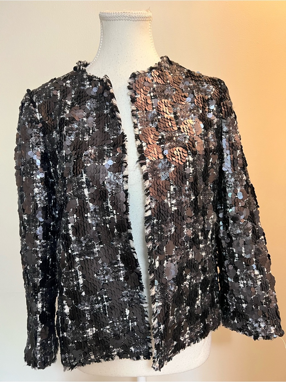 Zara Black and Silver Sequin Open-Front Blazer